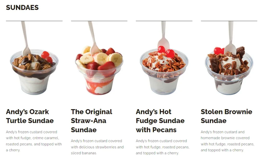 Andys frozen custard Sundaes menu