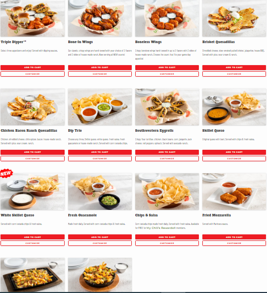 Appetizers of chili's menu USA