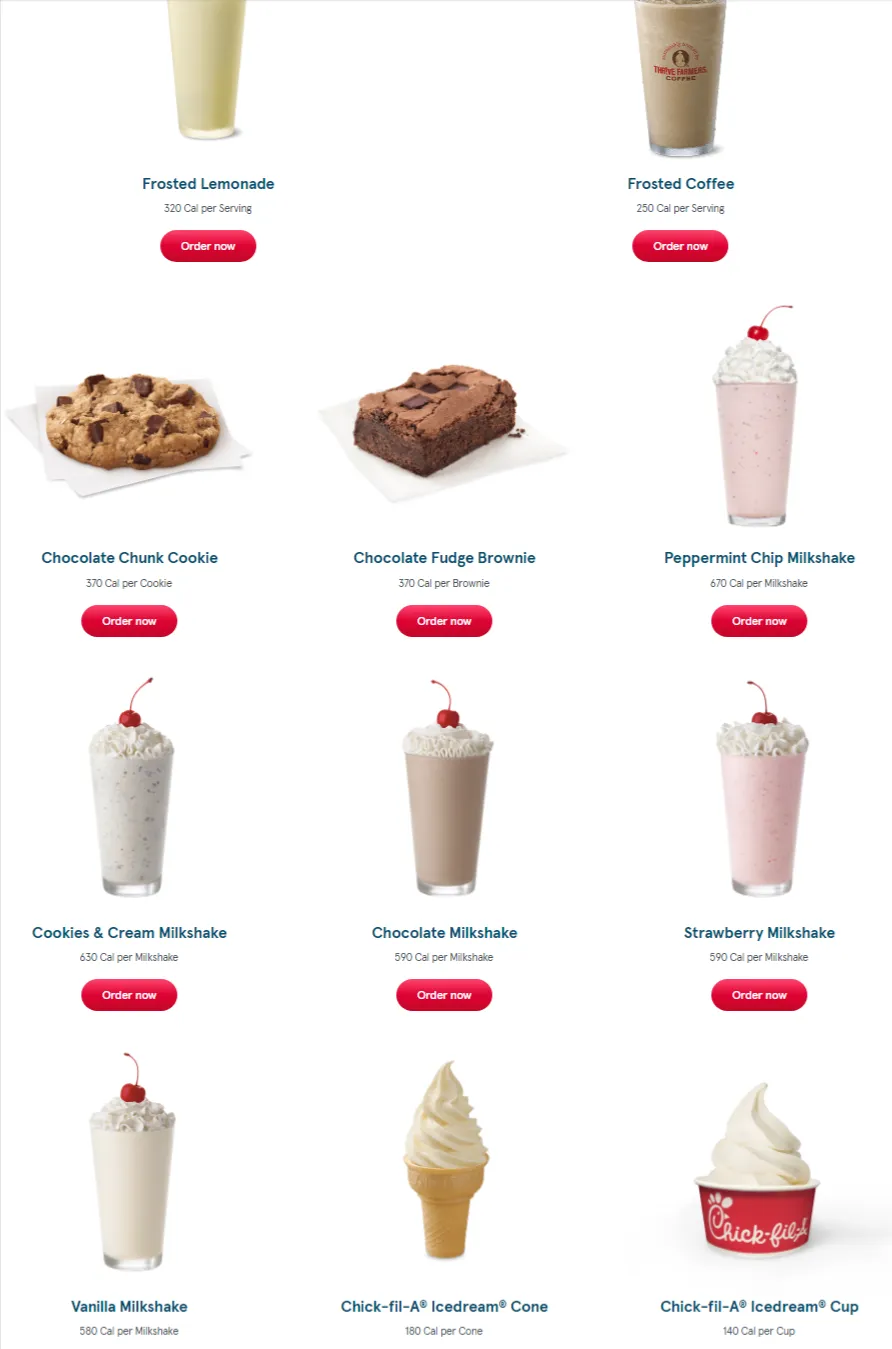 Chick fil A treats menu USA