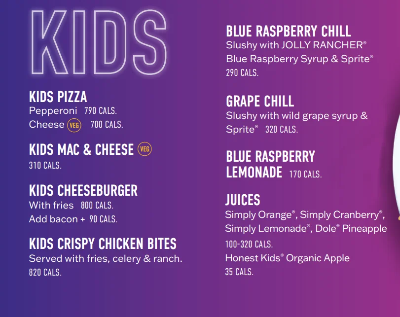 Dave & Busters kids menu