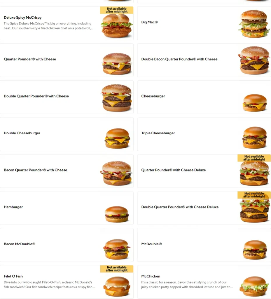 Mcdonalds Dinner Individual Items Menu