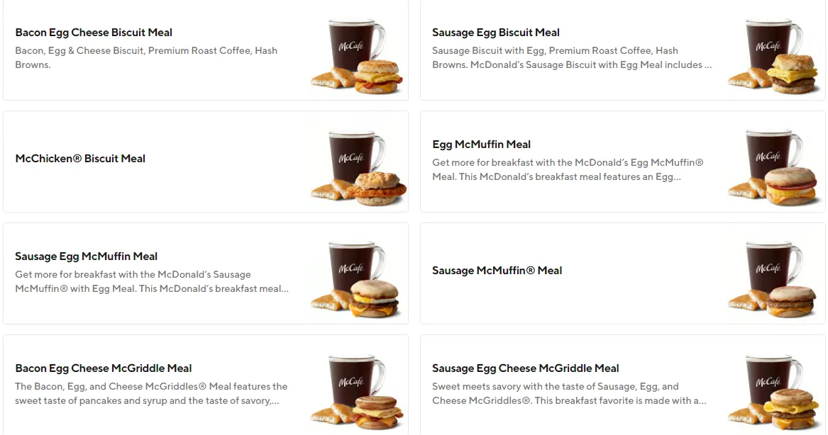 Mcdonalds Popular Breakfast items menu USA