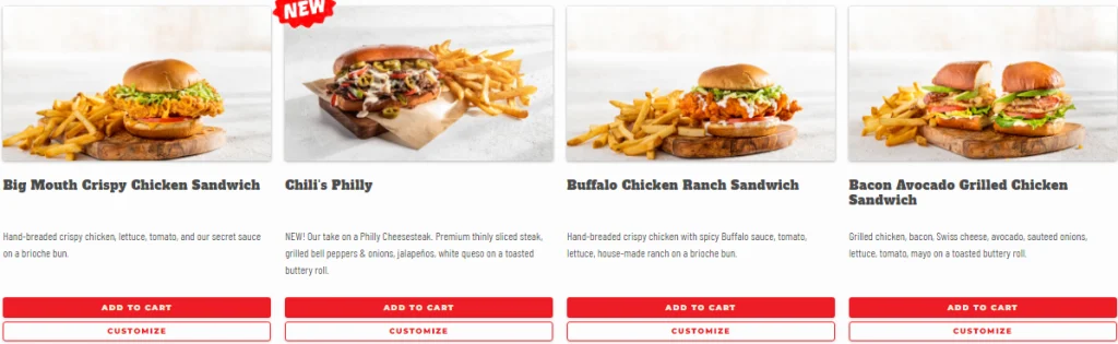 Sandwiches of chilis menu USA