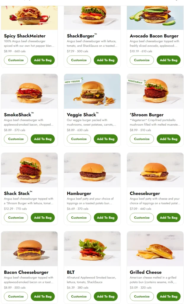 Shake Shack burgers menu USA