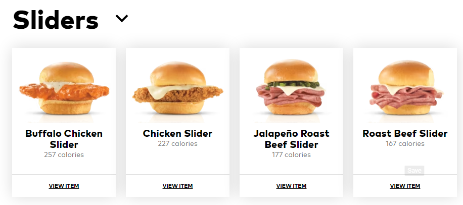 Arbys Sliders Menu USA