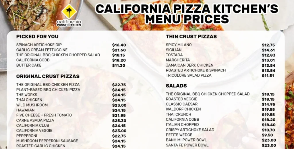 California Pizza Kitchen Menu USA & Updated Prices 2024