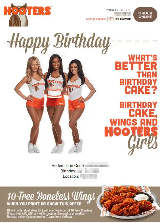 Hooters FREE Birthday Reward