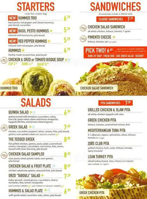 Zoes Kitchen Menu Prices in USA