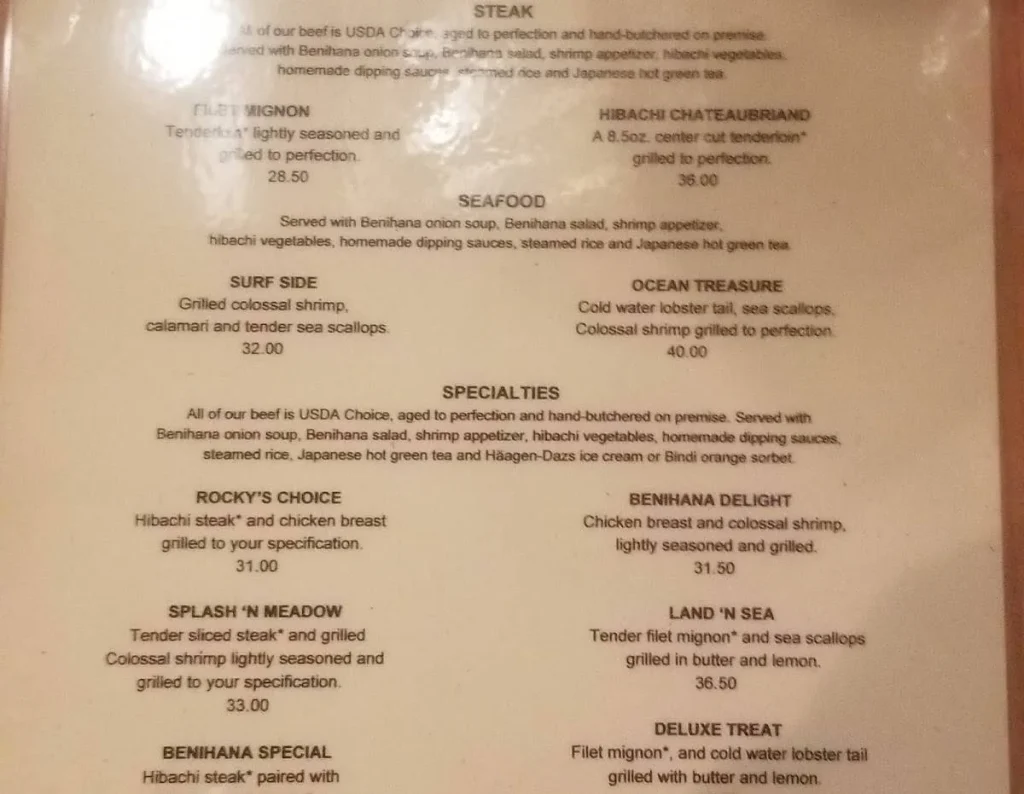 Benihana Menu USA