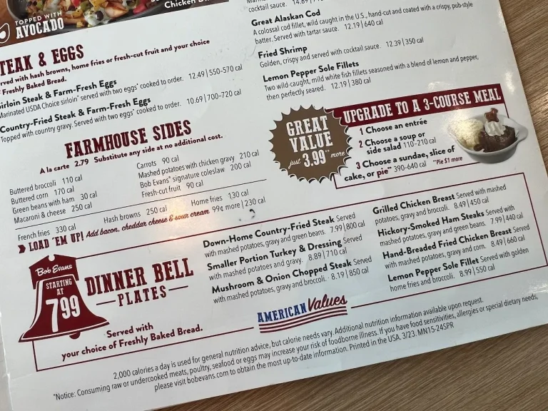 Bob Evans Menu USA