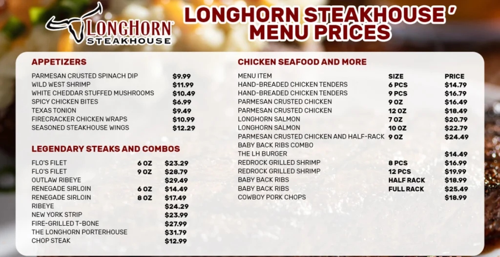 LongHorn Steakhouse Menu Prices in USA