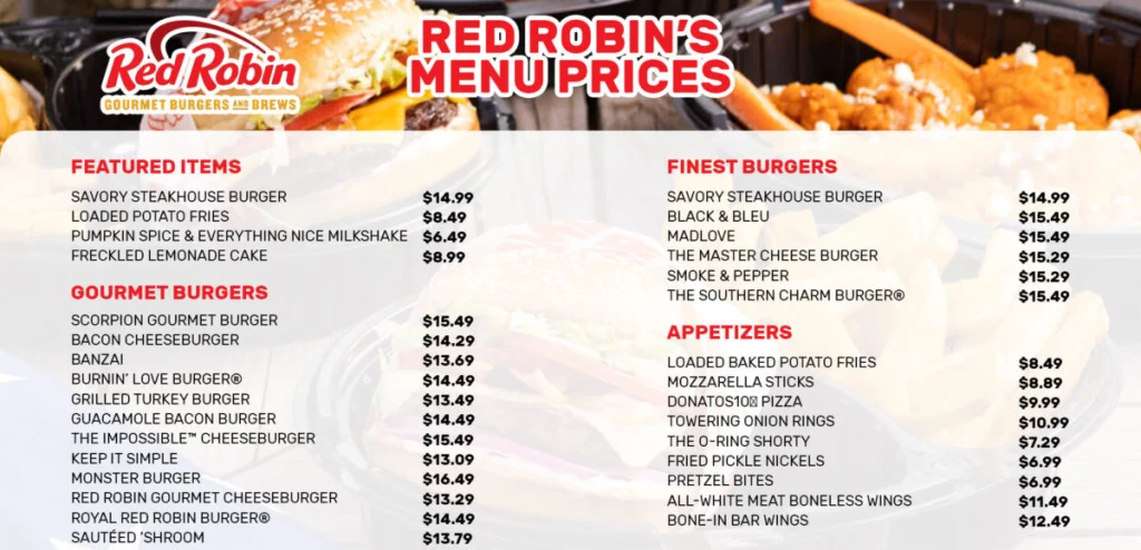 Red Robin Menu Prices in USA