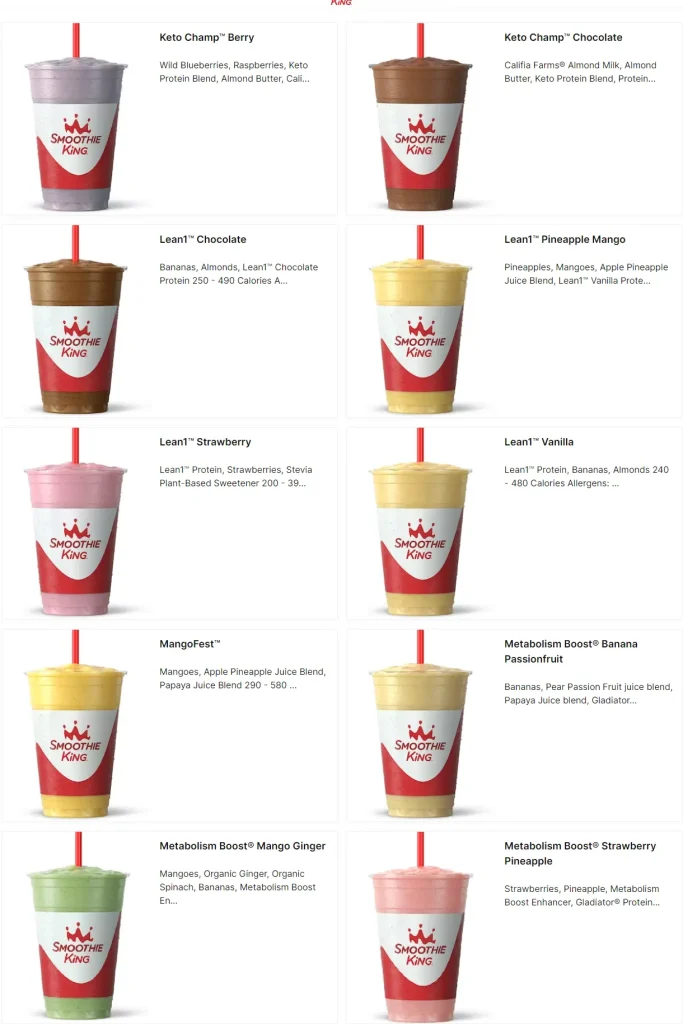 Smoothie king Manage Weight menu