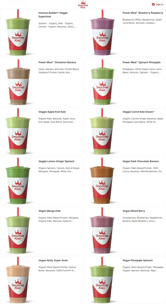 Smoothie king be well menu USA