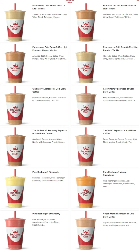 Smoothieking feel energized menu