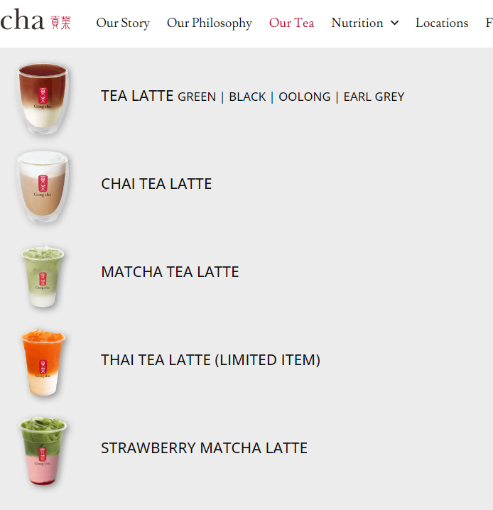 gong cha Tea Latte menu USA