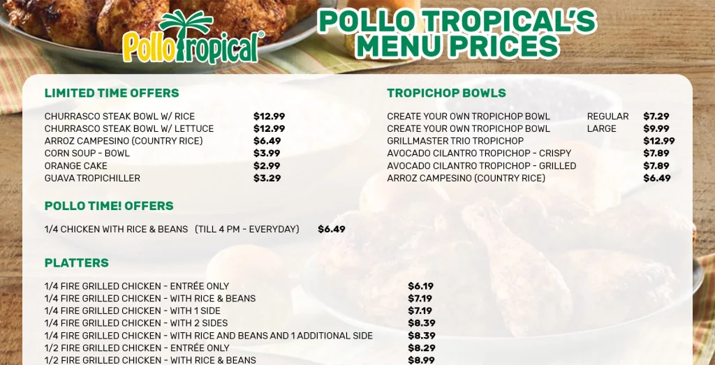 Pollo Tropical menu usa