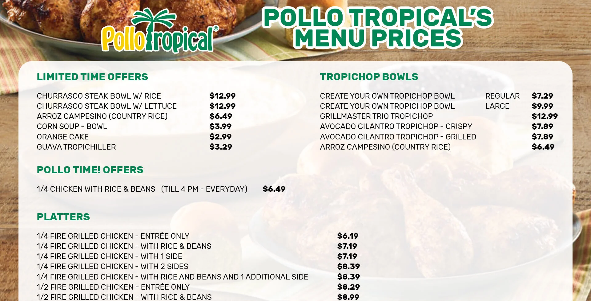 Pollo Tropical menu usa